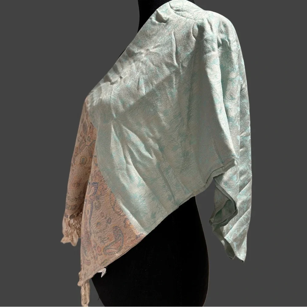 Elegant Shawl in Light Mint & Cream - Versatile Wrap, Scarf, or Veil, Soft Rayon